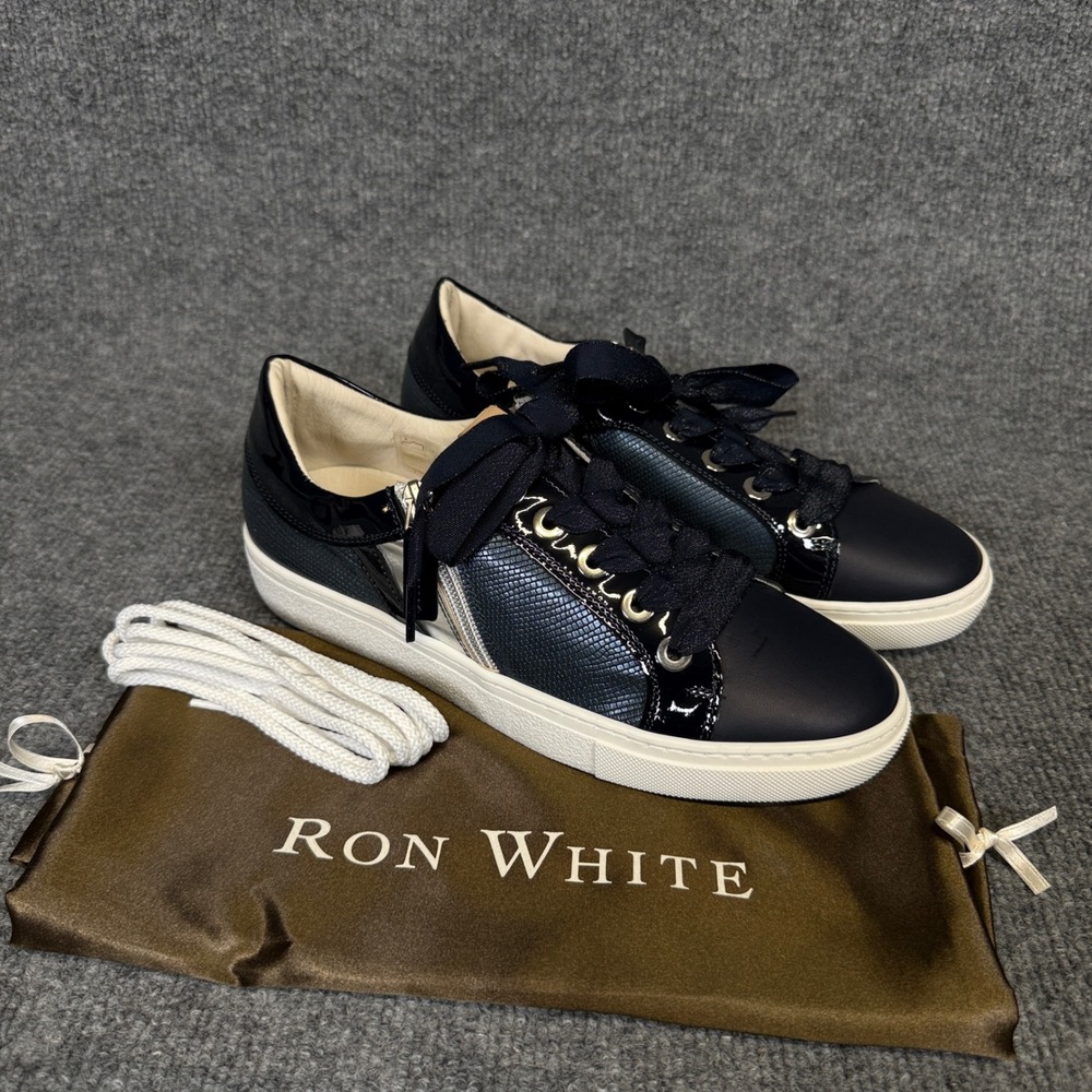 Ron White Size 39 US 8.5 Ophelia Lace Up Sneakers Blue Italian Calf Leather Trim